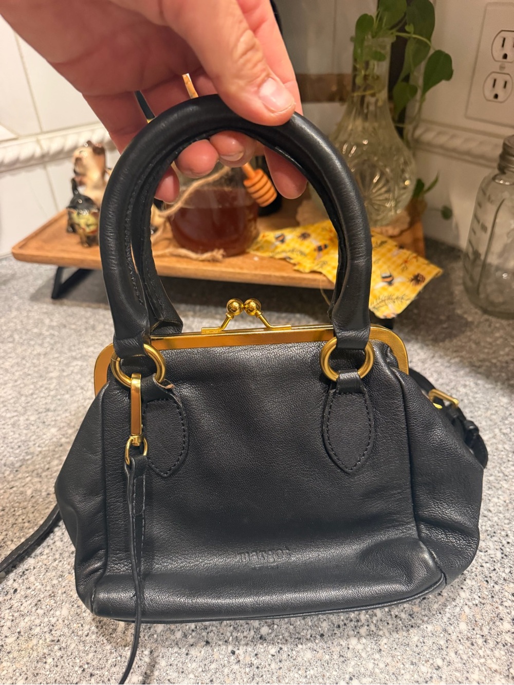 Margot New York Black Leather Top-Handle Women's Bag with Gold Hardware